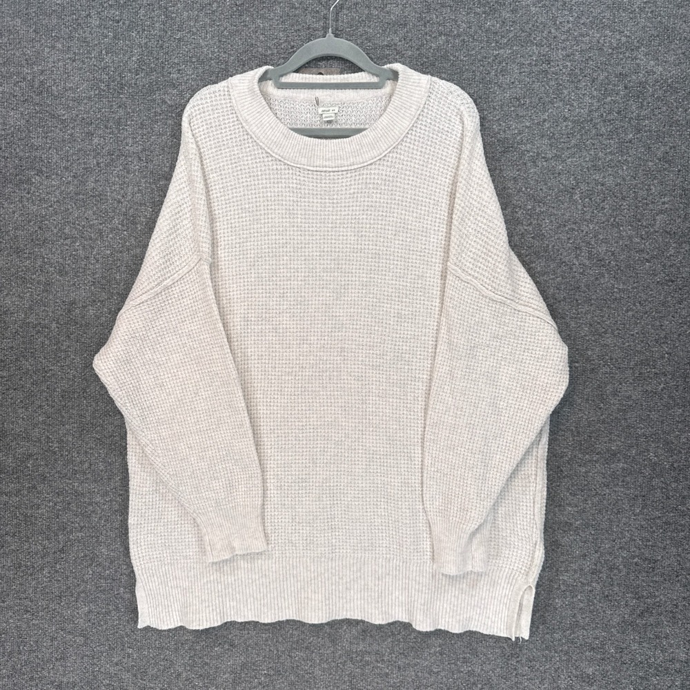 Aerie Sweater Women Medium Cream Waffle Knit Oversized Crew Neck Pullover Cozy